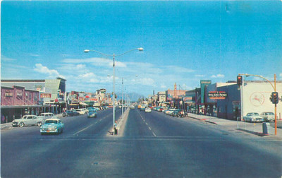 Mesa, Arizona Main Street 1950s Postcard, Vita-Gro Feeds,  Mobil, Businesses  -image