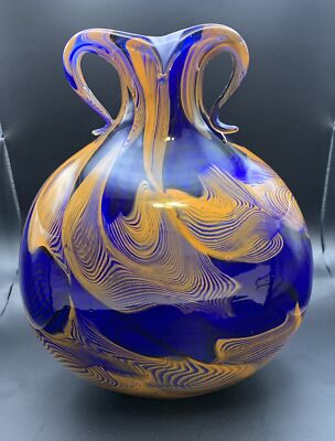 Mid-Centry Hand Blown Swirl Art Glass Incased Vase Colbalt Blue Orange Pre-owned-image
