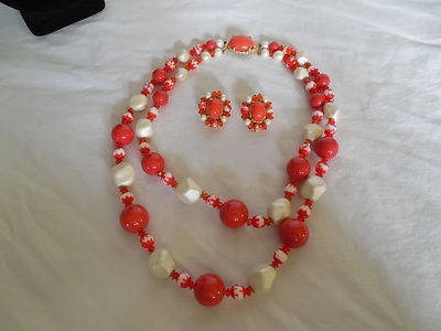 Vintage orange two strand beaded necklace & matching clip earrings mid century-image
