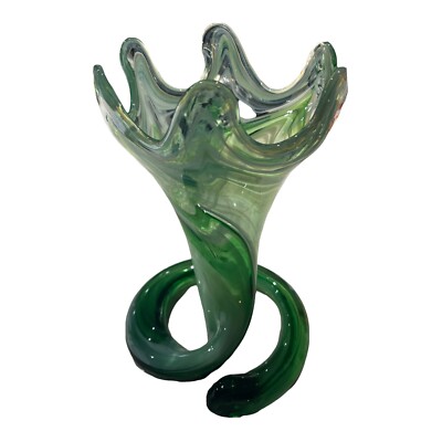 SOONER ART GLASS GREEN HAND BLOWN GLASS VASE RARE-image