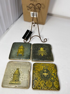 Chad Barrett Creative Co-Op 4 Resin Bee Coasters Set & Metal Easel New Open Box-image