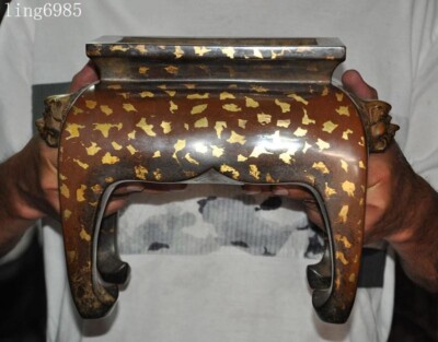 old China Buddhism temple purple bronze Gilt Joss Incense burner Censer statue-image