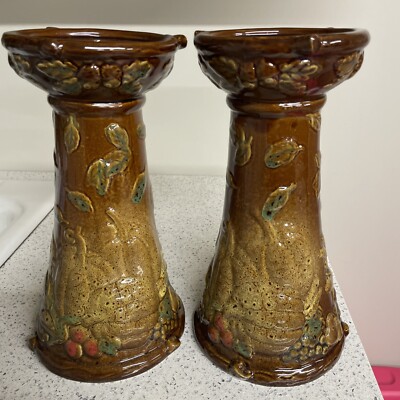 Set Of 2 Creative Co-op Glazed Autumnal Stnwr 11.5” Pillar Candle Holder-image