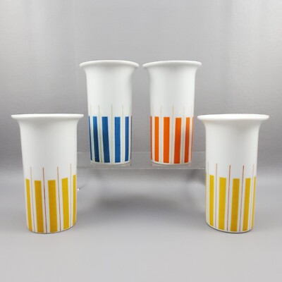 Vintage Mid Century Tumblers Yellow Orange Blue Pin-Stripe Porcelain Japan MCM-image