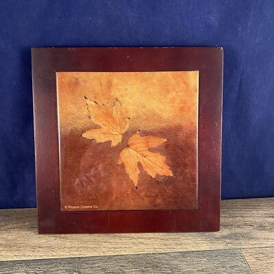 Phoenix Creative Co Maple Leaves Leaf Ceramic Tile Trivet Hanging Wood Framed-image