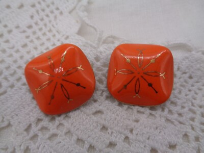 Vintage MID CENTURY Orange Enamel Ceramic ATOMIC STARBURST Clip EARRINGS-image