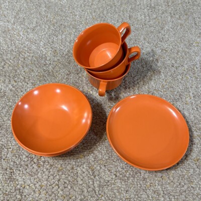 Vintage Mid Century Modern  Orange Melamine Melmac Dishes -  Lot of 11-image