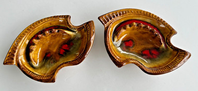 2 Vintage Mid Century Modern Ceramic Brown Orange Drip Glaze Ashtrays-image