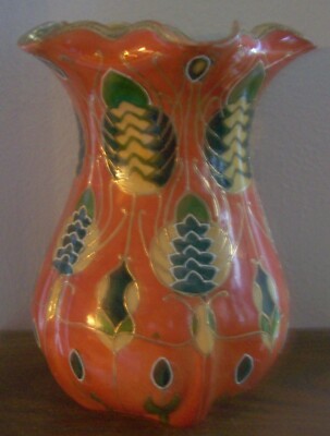 Vintage Ruffled Asian VASE ORANGE GLAZE HP RAISED LEAF DESIGN GILDED-image