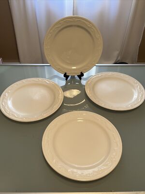 Set of 4 Mesa International White Embossed Dot & Scroll Dinner Plates 12