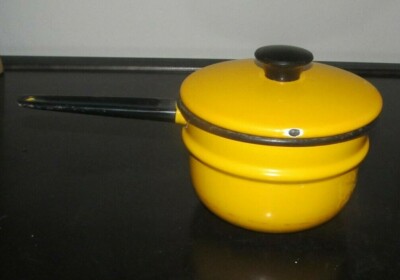 Enamel Vintage Pot Yellow Enamelware Gold Orange Retro Mid Century w/ Lid-image