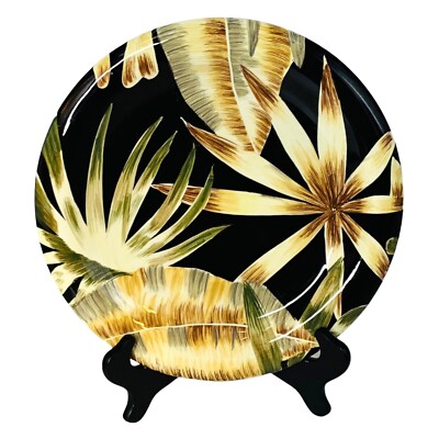 MESA International MSA88 Hand Painted Black Tropical Leaves Floral Dinner Plate-image