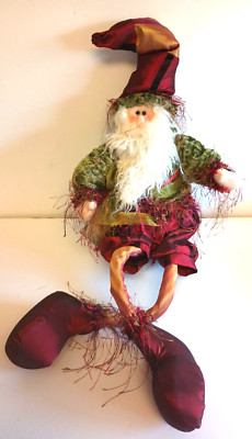 Santa Figure Doll Creative Coop Fabric Wired Bendable Hat Green Burgundy 24 inch-image