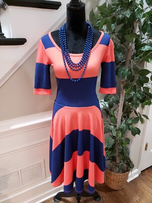 LuLaRoe Women Orange Blue Polyester Round Neck Short Sleeve Knee Length Dress S-image