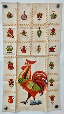 Vintage Linen Tea Towel, Parisian Prints, Orange Kitchen Rooster, Mid-Century -image
