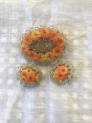 Vintage Mid Century Orange Plastic flower and crystal Pin and earring set-image