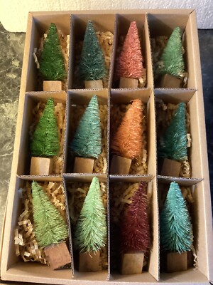 Creative Co-Op Set 12 Bottle Brush Trees Wood Base Greens Pink/Reds 3 1/4