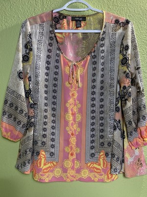 Style & Co. P Med Pink Black bohemian hippie artsy button front butterfly blouse-image