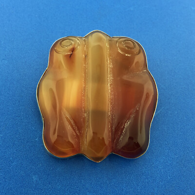 Mid Century Modern Sterling Silver Vermeil Carved Carnelian Owl Statement Brooch-image