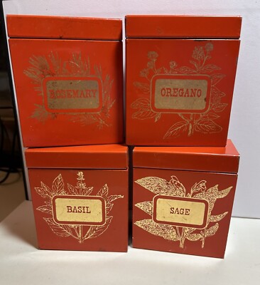 4 Vintage Mid Century MCM 50s Orange Gold Metal Spice Tin Set Basil Sage Oregano-image