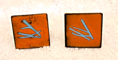 Vintage Mid Century Copper Enameled Screwback Orange Earrings-image