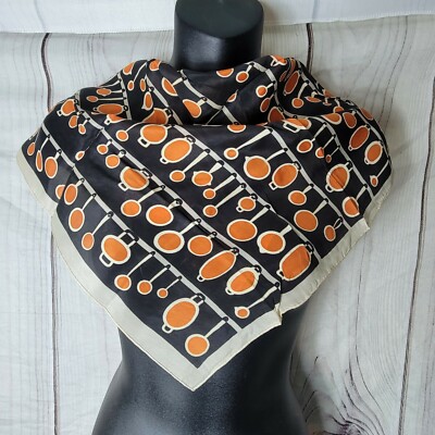 Vtg Silk Scarf Hand Rolled Orange black  Square mid century geometric circles -image