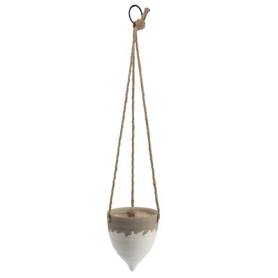 Creative Co-Op Medium White Stoneware Hanging Planter with Jute Rope-image