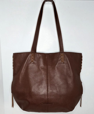 Lucky Brand Joss Leather Tote Purse Hobo Shoulder Bag Brown with Suede X Details-image
