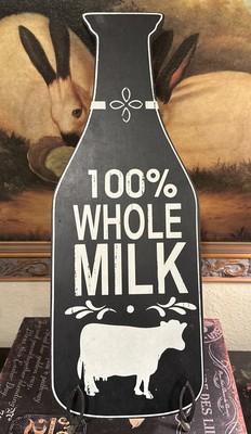 Creative Co-Op-100% WHOLE MILK-Milk Bottle Shaped/Cow/Black & Cream-20”L X 7.5”W-image