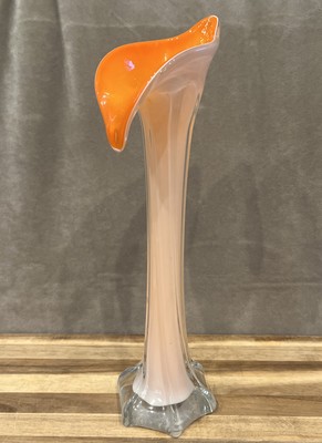 Vintage 12” Mid Century Orange Lily Swing Glass Vase Hand blown Murano? Style-image