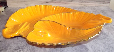 Mid-Century Modern Ceramic 3 Section Dish Orange Leaves Gold Trim 16