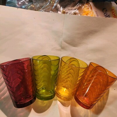 VTG Mid Century Modern 4 Juice Glasses AVOCADO PURPLE GOLD & ORANGE 4