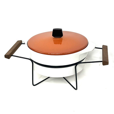 Vintage Mid Century  Casserole Chafing Warming Dish Teak Orange White MCM-image
