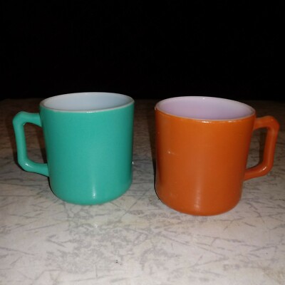 Pair Hazel Atlas Ovide Turquoise Teal Orange Rust Mugs Cups milk glass mid centu-image