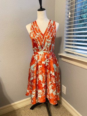 Banana Republic Orange Floral V-neck with blue/teal background, sleeveless Sz 2-image
