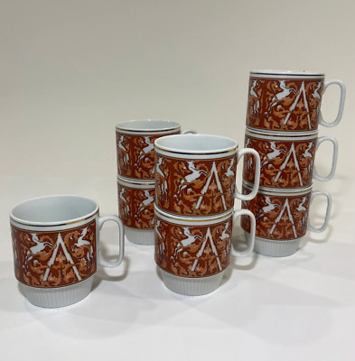 Set of 8 Unicorn Stacking Coffee Mugs, White & Orange, China Tapestry MCM Mid-image