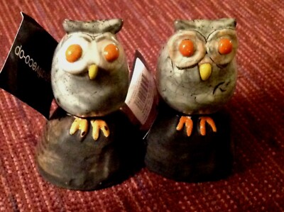 Creative Co-Op Pottery  Owl Figurine Set of 2 Clay Orange Eyes 3.5