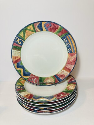 Furio Mesa Dinner Plate 10 7/8”Multicolored Geometric Blue Trim 8 Available EUC-image