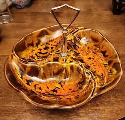 Mid Century Ceramic Nut Candy Dish Drip Glaze Orange Brown MCM Pottery Retro-image