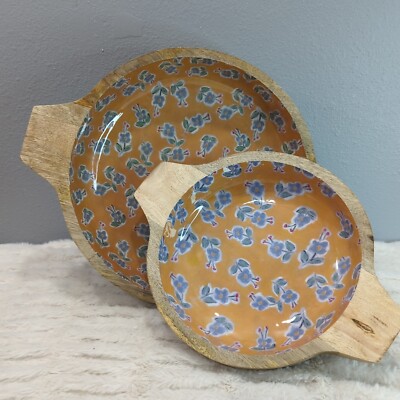 Set Of Two Creative Co-op Enameled Mango Wood Bowls With Handles NIB Defect-image