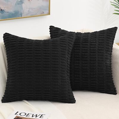 Black Decorative Throw Pillow Covers 20x20 Set of 2 Soft Corduroy Striped Squ...-image