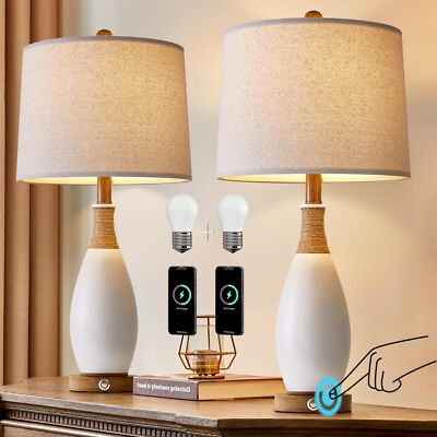 OYEARS 24.5” 3-Way Dimmable Touch Control Bedside Table Lamp Set of 2 with USB-image