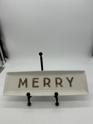 Creative Co-Op MERRY Rectangle Plate White w/ Gold Letters & Trim-image