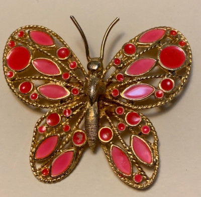 Vintage Retro Mod Butterfly Pin Brooch, Bright Orange Spots, Mid Century Modern-image