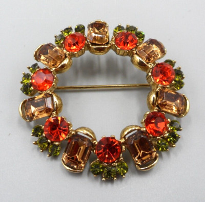 Vintage Rhinestone Brooch Circle Pin Wreath Mid Century Emerald Cut Stones 1.75