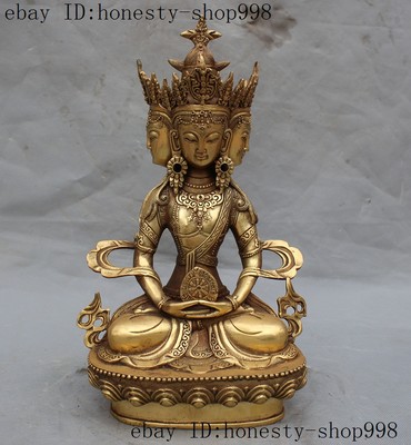 Tibet Buddhism Fane Joss Brass 4 Head kwan-yin GuanYin Amitayus Buddha Statue-image