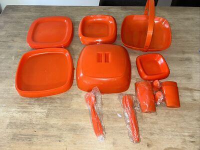 Vintage Tito Spain Mid-Century Modern Orange Plastic Picnic Master ~Complete Set-image