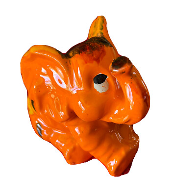 Vintage Ceramic Elephant Orange Black Drip Glaze Mid Century Trunk Up-image