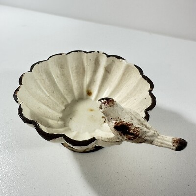 Creative Co-Op Distressed Pewter Trinket Bowl w/Bird White Cream Pink Tulip-image