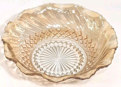 Vintage Indiana Glass Bowl Iridescent Amber Orange Carnival Glass Swirl Ruffled -image